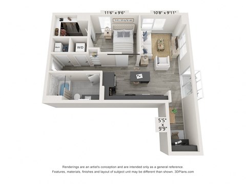 Floor plan for 1 bed, 1 bath, 742 sqft